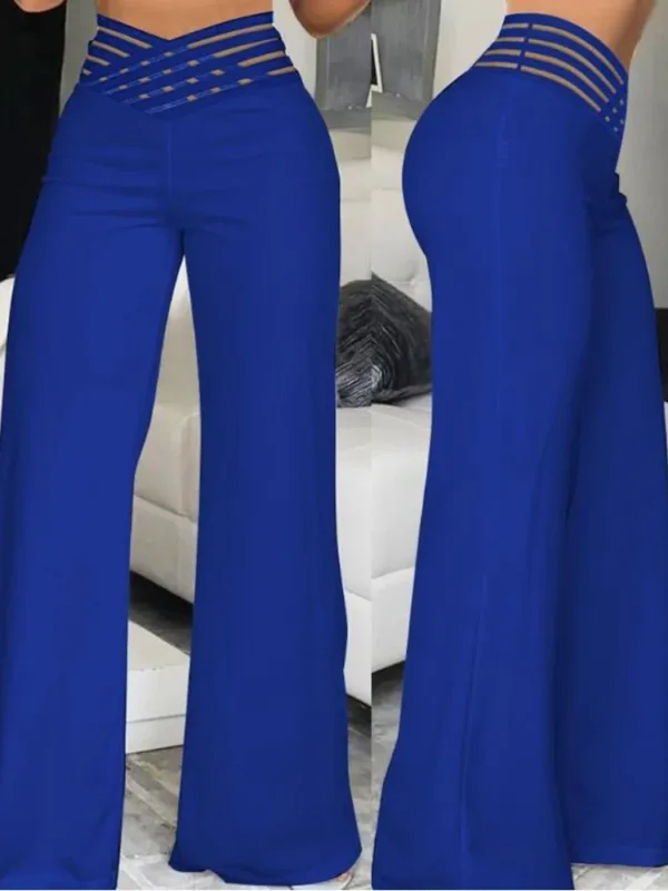 2024 Women Wide Leg Flared Pants Autumn Casual Crisscross Sheer Mesh Patch High Waist Trousers Y2k Streetwear Elegant Work Pant - Image 9