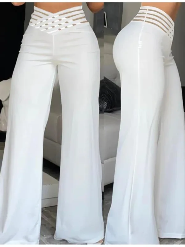 2024 Women Wide Leg Flared Pants Autumn Casual Crisscross Sheer Mesh Patch High Waist Trousers Y2k Streetwear Elegant Work Pant - Image 12