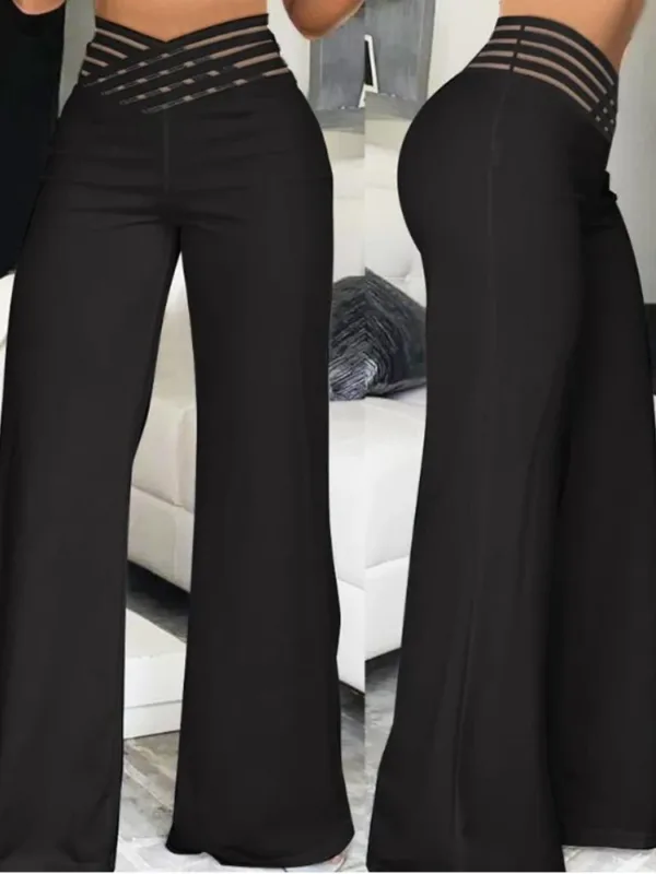 2024 Women Wide Leg Flared Pants Autumn Casual Crisscross Sheer Mesh Patch High Waist Trousers Y2k Streetwear Elegant Work Pant - Image 11