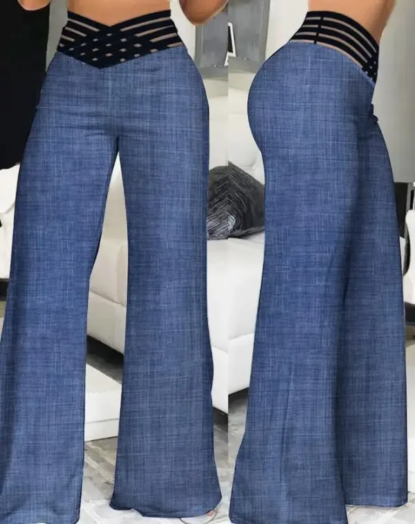 2024 Women Wide Leg Flared Pants Autumn Casual Crisscross Sheer Mesh Patch High Waist Trousers Y2k Streetwear Elegant Work Pant - Image 3