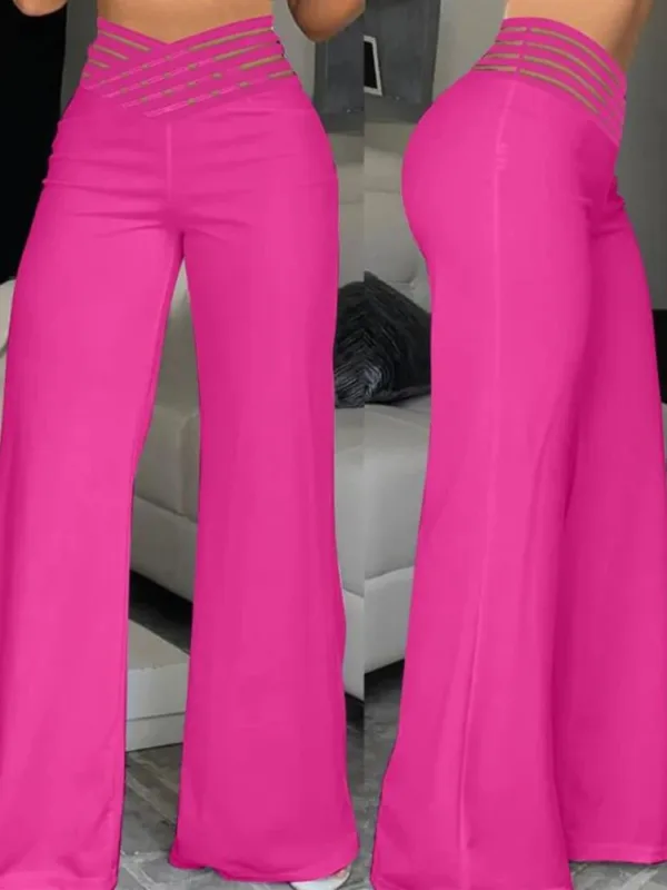 2024 Women Wide Leg Flared Pants Autumn Casual Crisscross Sheer Mesh Patch High Waist Trousers Y2k Streetwear Elegant Work Pant - Image 8