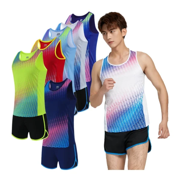 Men Running Tracksuits 2021 Track And Field Suits Quick Dry Marathon Athletics Sportswear Vest+Shorts Team Sport Set - Image 4