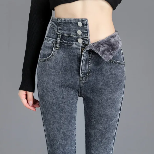 Thermal Winter Thick Fleece High-waist Warm Skinny Jeans Thick Women Stretch Button Pencil Pants Mom Casual Velvet Jeans - Image 6