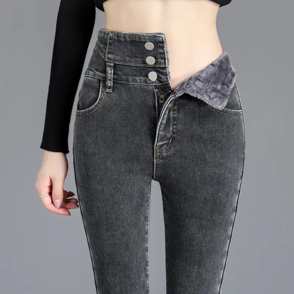 Thermal Winter Thick Fleece High-waist Warm Skinny Jeans Thick Women Stretch Button Pencil Pants Mom Casual Velvet Jeans - Image 8