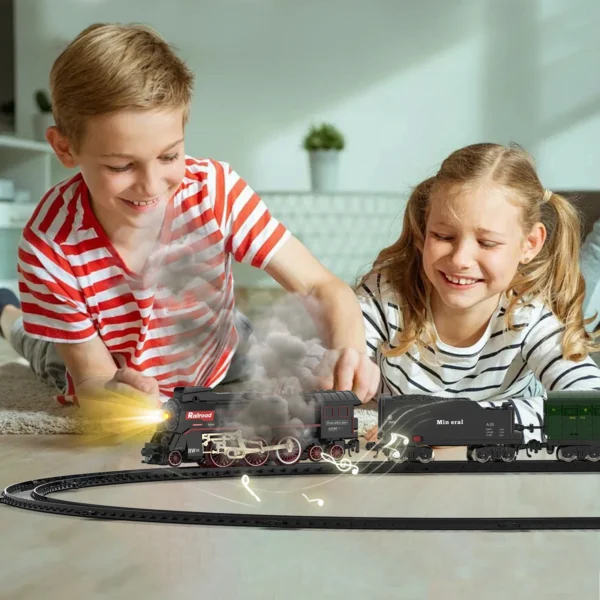 Retro Steam Train Track Toy Set with Smokes,Lights, Sound,Tracks,Electric Toy Train with Locomotive Engine,Cargo Cars and Tracks - Image 2