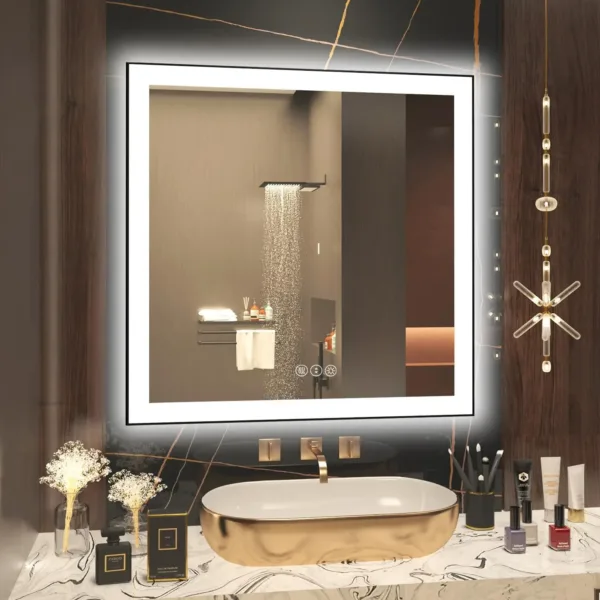 LED Bathroom Mirror, 32"x24" Black Aluminum Vanity , Stepless Dimmable Lighted Mirror Anti-Fog, 3 Colors Wall Smart Mirror - Image 2