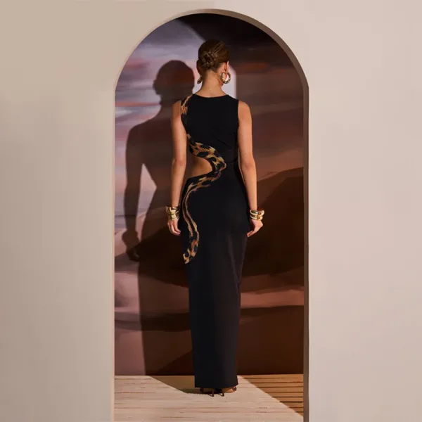 European and American Style Women's 2024 Summer New Sleeveless Sexy Slim Split Long Skirt Hollow Out Dress Gown - Image 6