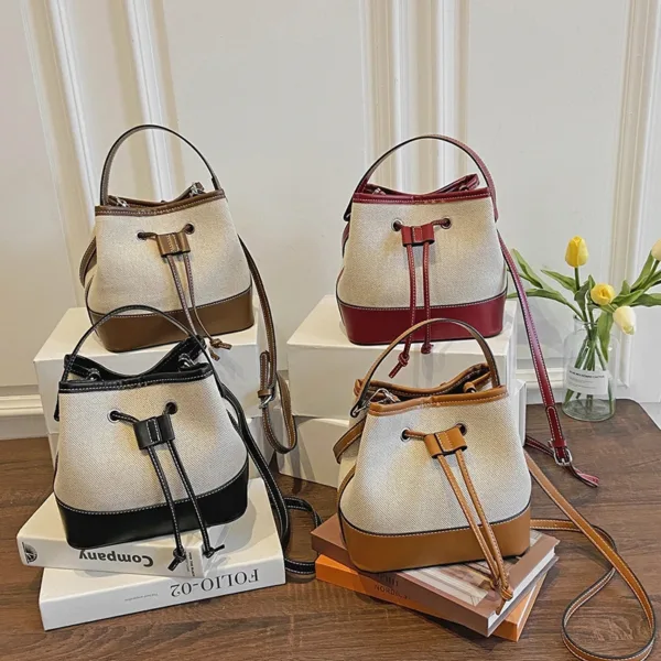 Contrast Color Canvas Bucket Bag - Image 2