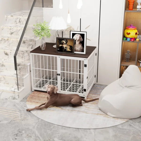 Dog Crate Furniture Pet Kennel End Table Metal Dog Kennel with Three Doors with Locks and Removable Tray, White/Black