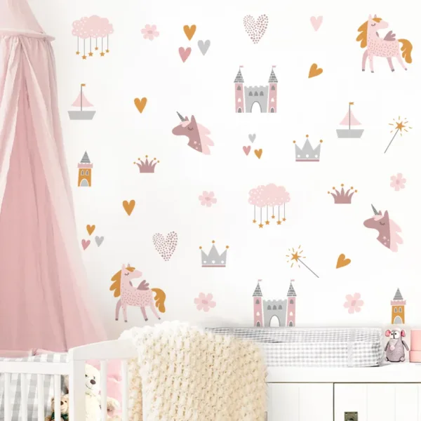 Boho Pink Cartoon Unicorns Castle Clouds Love Watercolor Wall Stickers for Kids Room Baby Nursery Room Wall Decals Home Decor - Image 3