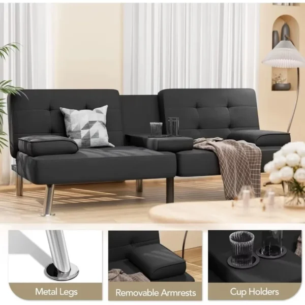 Shahoo Modern Linen Upholstered Convertible Folding Futon Sofa Bed with Removable Armrests, Metal Legs, 2 Cup - Image 5