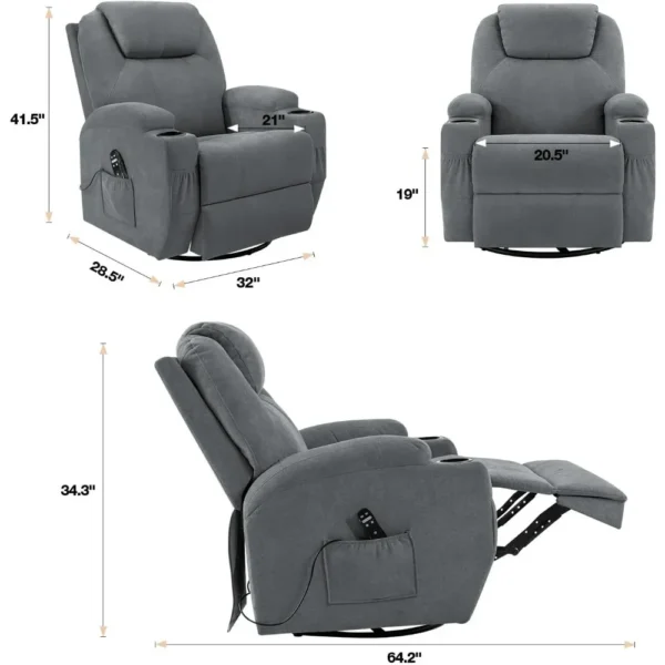 Rocking Chair Recliner Chair with Massage Swivel Ergonomic Lounge Chair with 2 Cup Holders Side Pockets Living Room Chairs
