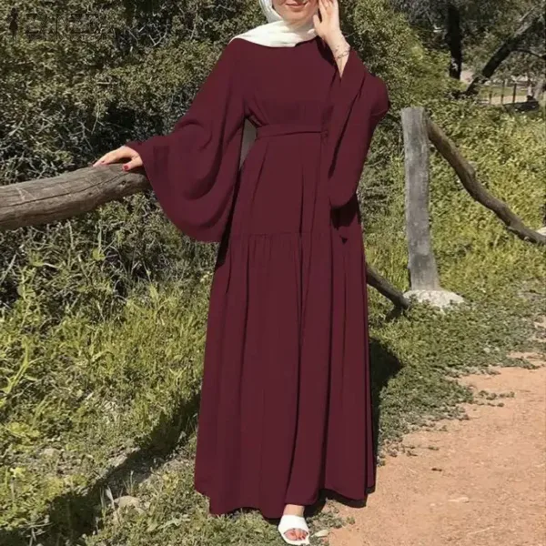 Long-sleeved Muslims Dubai Abayas Fashion O-neck Dress for Women Spring Solid Color Casual Robe Female Islam Clothes with Belt - Image 3