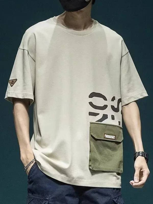 Summer Men's Short Sleeve Letter Printed T-shirt With Cargo Pocket Casual Cotton O-Neck Tops Y2K Streetwear Oversized Tee Shirts - Image 3