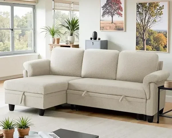 Sofa Bed Reversible Convertible Sleeper Pull Out Couches with Storage Chaise, Linen Fabric Furniture for Living Room, Bedroom - Image 7