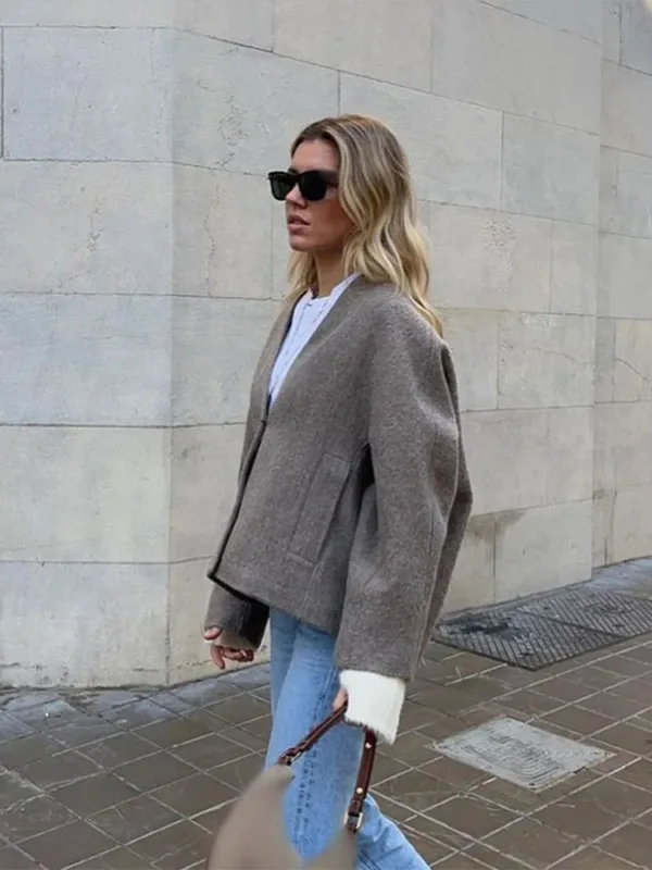 Women Fashion Wool Blend Straight Fit Jackets Elegant V Neck Double Buttons Pockets Short Coat 2024 Autumn Lady Office Outerwear - Image 2