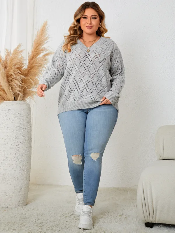 Spring Autumn Fashion Korean Style Casual Knitting Top Gray Long Sleeve V Neck Elegant Women's Plus Size Clothing Party Sweater - Image 6