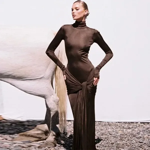 Hawthaw Women 2024 Spring Autumn Elegant Long Sleeve Party Club Streetwear Bodycon Red Long Dress Wholesale Items For Business - Image 3