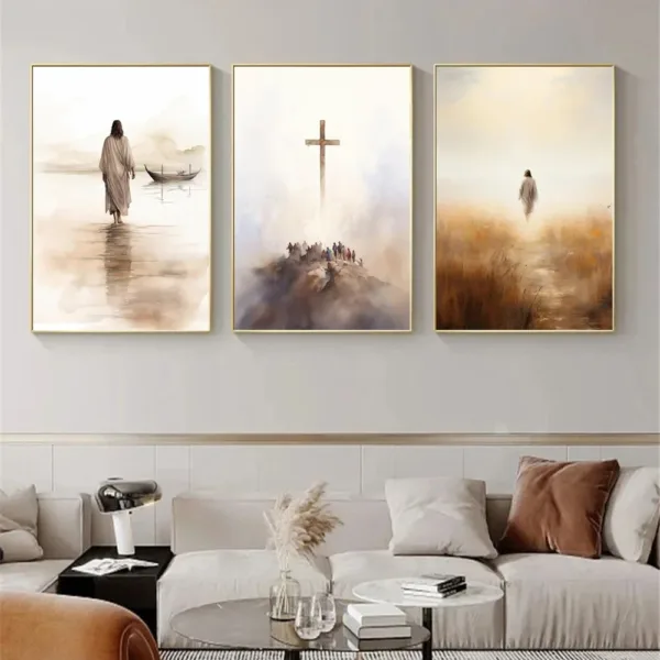Jesus Walking on Water Pattern Watercolor Art Printmaking Religious Poster Cross Christ Decoration Beautiful Canvas Painting - Image 5
