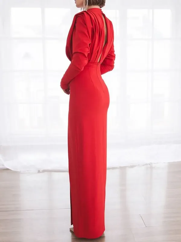 Half High Collar Slit Dresses for Women Casual Long Sleeve Solid Long Abaya Spring Summer Muslim Drsss Women Party Evening Dress - Image 3