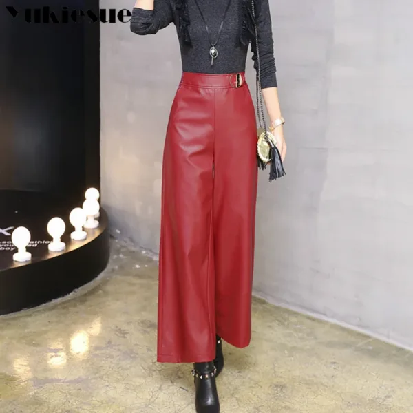 Wide leg pants capirs women 2022 winter warm PU leather pants female trousers OL office formal casual pants woman clothes - Image 7