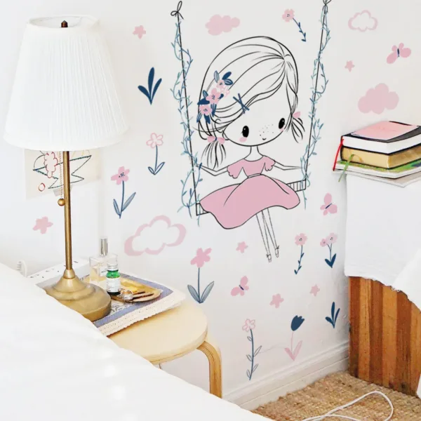 Pink Dress Little Girl Flower Butterfly Dandelion Wall Sticker Self-adhesive Removable Vinyl PVC Home Decor Living Room Bedroom