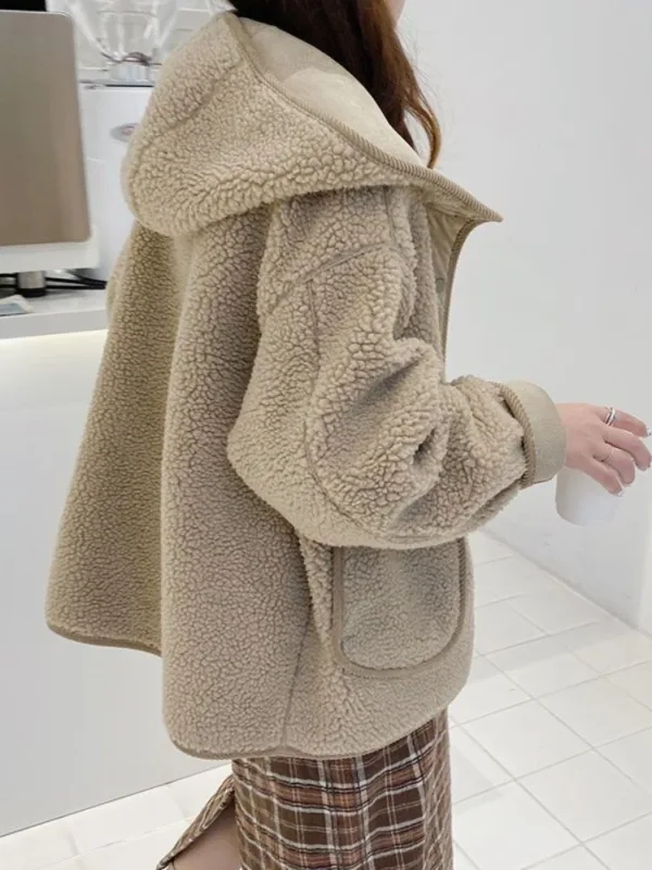 Lamb Wool Coats Women Hooded Full Sleeve Jackets Single Breasted Mid Length Coat Autumn Winter Solid Open Stitch Outerwear - Image 4