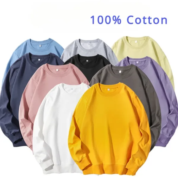 Men Cotton Spring Autumn Solid Color O-neck Sweatshirt Universal Simple Casual Pullover Couple Long Sleeve T-shirt White Top - Image 7