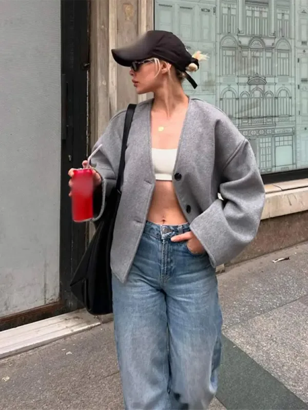 Women Fashion Wool Blend Straight Fit Jackets Elegant V Neck Double Buttons Pockets Short Coat 2024 Autumn Lady Office Outerwear - Image 4