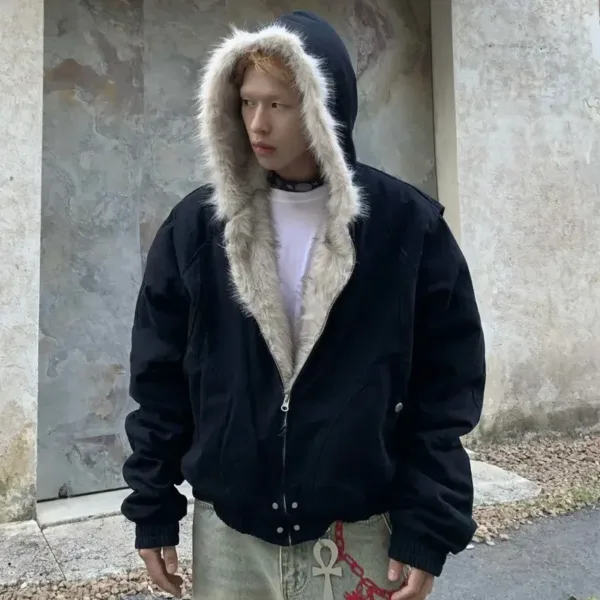 Winter Retro American Woolen Collar Hooded Cotton Jacket Thick Plush Top Men Street Hip Hop Gothic Harajuku Oversize Jacket Coat