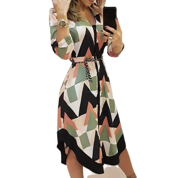 2024 Women's Autumn New Fashion and Elegant Commuter Print V-neck Lace up Long Sleeve Slim Fit Mid length Dress - Image 4
