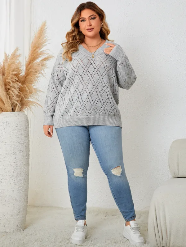 Spring Autumn Fashion Korean Style Casual Knitting Top Gray Long Sleeve V Neck Elegant Women's Plus Size Clothing Party Sweater - Image 2