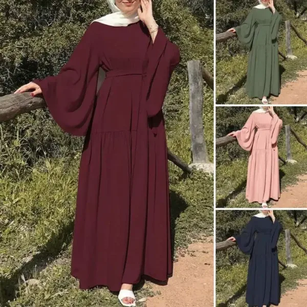 Long-sleeved Muslims Dubai Abayas Fashion O-neck Dress for Women Spring Solid Color Casual Robe Female Islam Clothes with Belt - Image 5