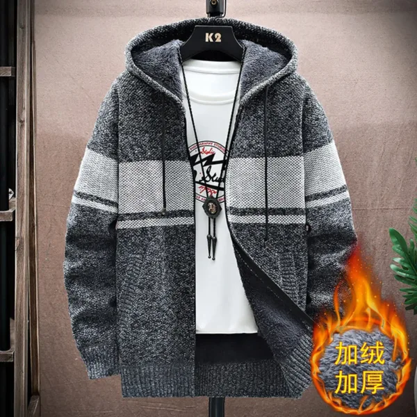 2023 Autumn Korean Hooded Men's Sweater with Thick and Velvet Men Cardigan Knitted Sweater Coat Stripe Jacket Male M-4XL MY03 - Image 3