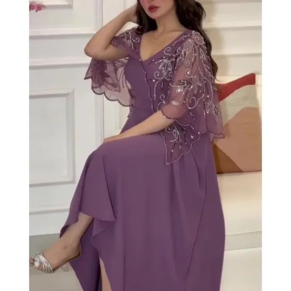 2023 Spring Summer New Women's Middle East Embroidered Shawl Swing V-neck Evening Dress Long Maxi Loose Abaya - Image 6