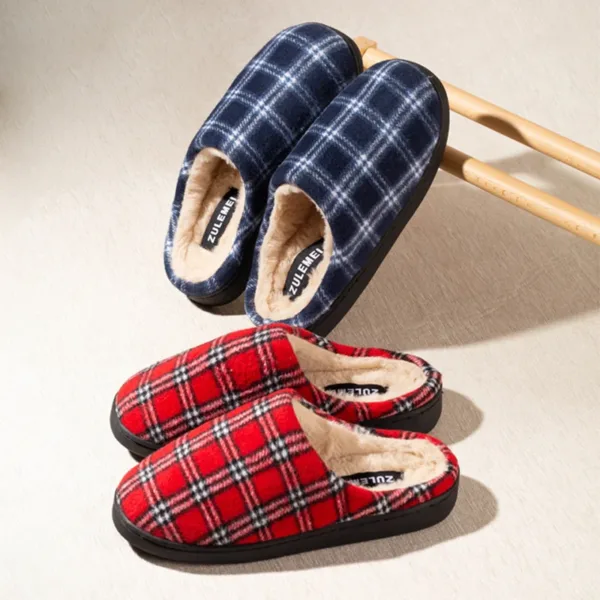 New Men's Striped Warm House Fleece Cozy Non-slip Plaid Cotton Mops Couples Slippers Winter Soft Indoor Bedroom Couples Shoes - Image 7