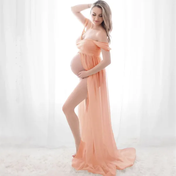 Maternity Dresses for Photo Shoot Off Shoulder Short Sleeve Mesh Sheer Split Long Pregnancy Dress Women Maternity Clothes - Image 9