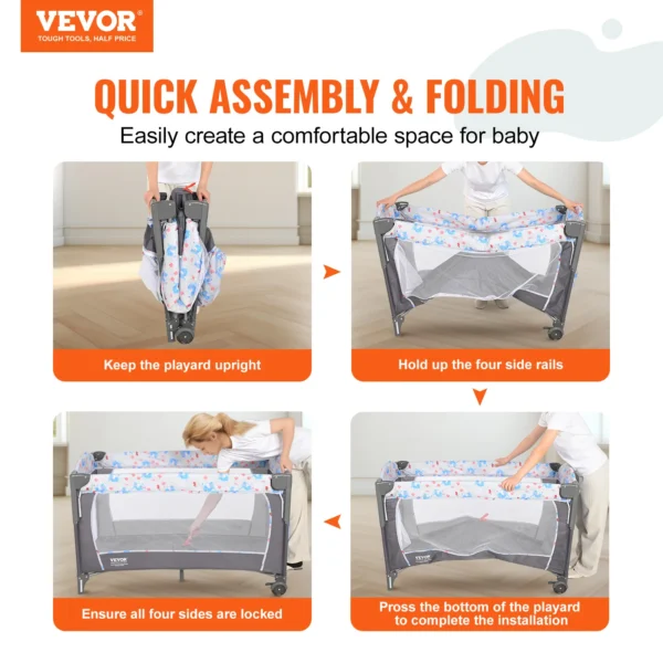VEVOR Baby Bassinet 77 pounds Load Capacity Easy to Fold Portable Baby Bassinet Bedside Sleeper with Storage Basket and Wheels - Image 7