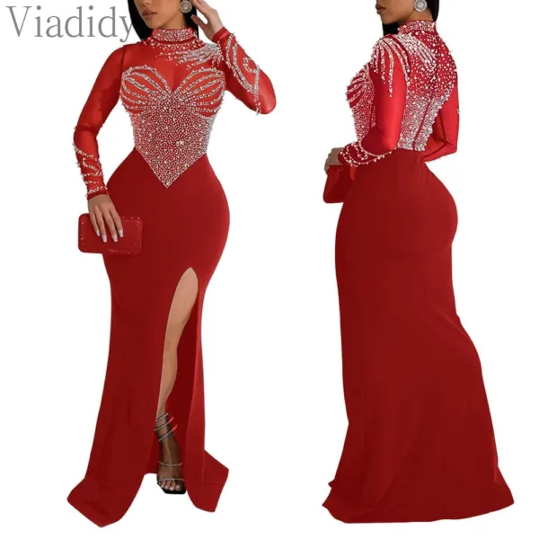 Women's Sexy See Through Rhinestone Beads Decor Floor Length Mermaid Party Dress - Image 4