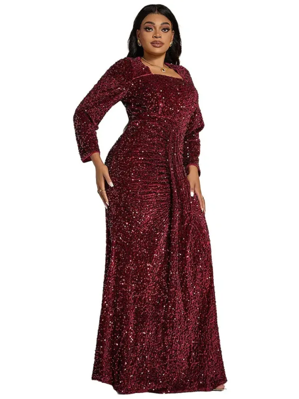 Women Luxury Party Dresses Plus Size Long Sleeve Square Neck Sequins Red Elegant Dress Temperament Fashion Lady Evening Dresses