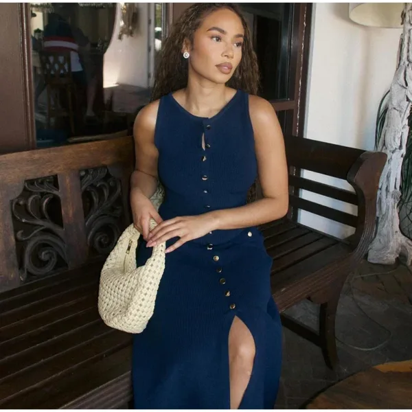 2024 Summer Elegant Lady Knitted Single Breasted Long Dresses Women Solid Sleeveless O Neck Button Bodycon Party Female Vestidos - Image 5