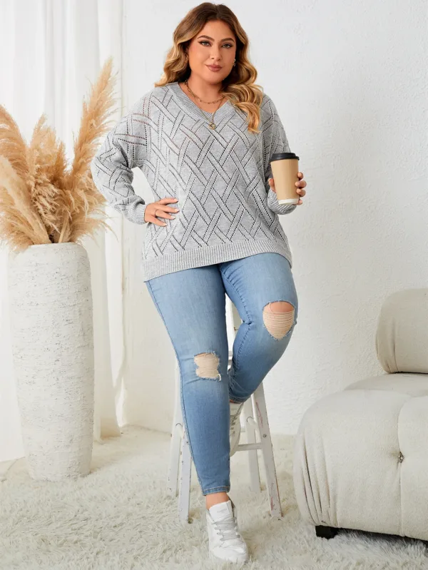 Spring Autumn Fashion Korean Style Casual Knitting Top Gray Long Sleeve V Neck Elegant Women's Plus Size Clothing Party Sweater - Image 7