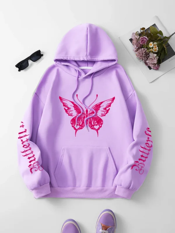 Butterfly & Letter Print Drawstring Hoodie, Casual Long Sleeve Kangaroo Pocket Hoodie Sweatshirt, Women's Clothing - Image 7