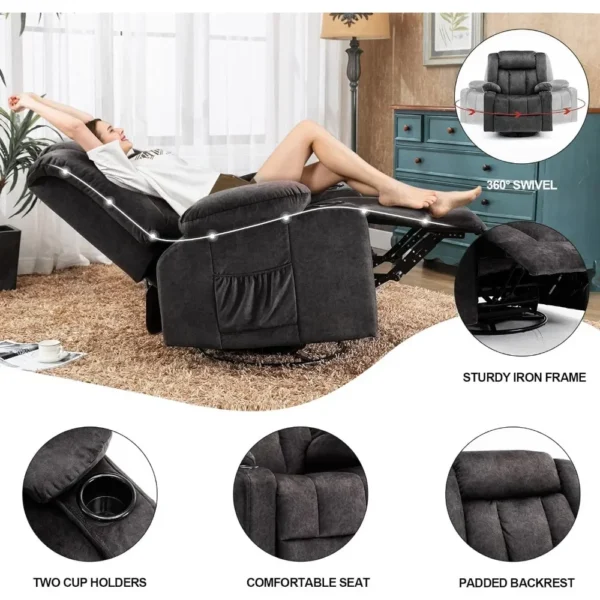 Recliner Chair Massage Rocker with Heated 360 Degree Swivel Lazy Boy Recliner Single Sofa Seat with Cup Holders for Living Room - Image 3