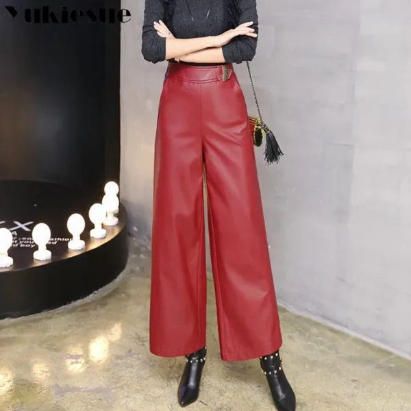 Wide leg pants capirs women 2022 winter warm PU leather pants female trousers OL office formal casual pants woman clothes - Image 2