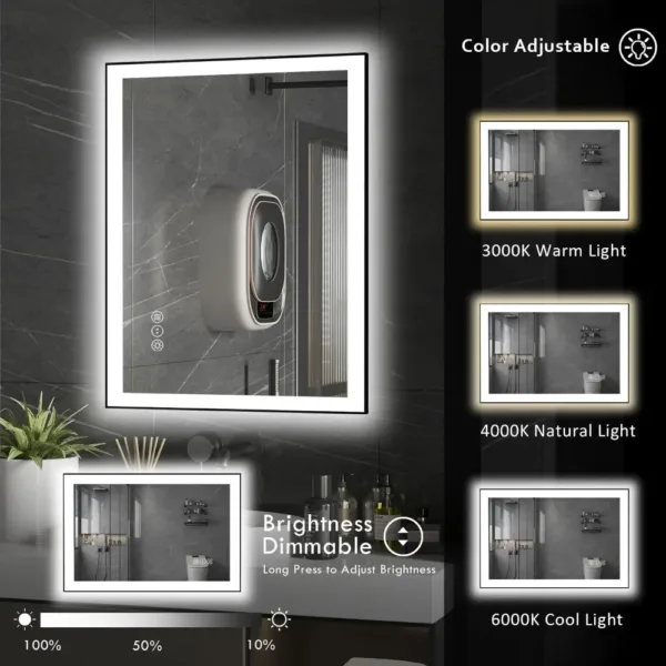 LED Bathroom Mirror, 32"x24" Black Aluminum Vanity , Stepless Dimmable Lighted Mirror Anti-Fog, 3 Colors Wall Smart Mirror - Image 3