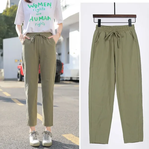 Womens Spring Summer Pants Cotton Linen Solid Elastic waist Candy Colors Harem Trousers Casual Female Pants - Image 2