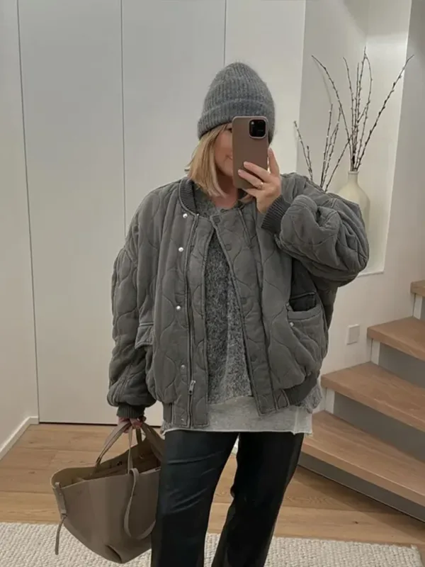 Quilted Single Breasted Grey Women's Cotton Jacket Casual Pocket Stand Collar Long Sleeved Coats Fall Winter Commuting Outerwear - Image 4