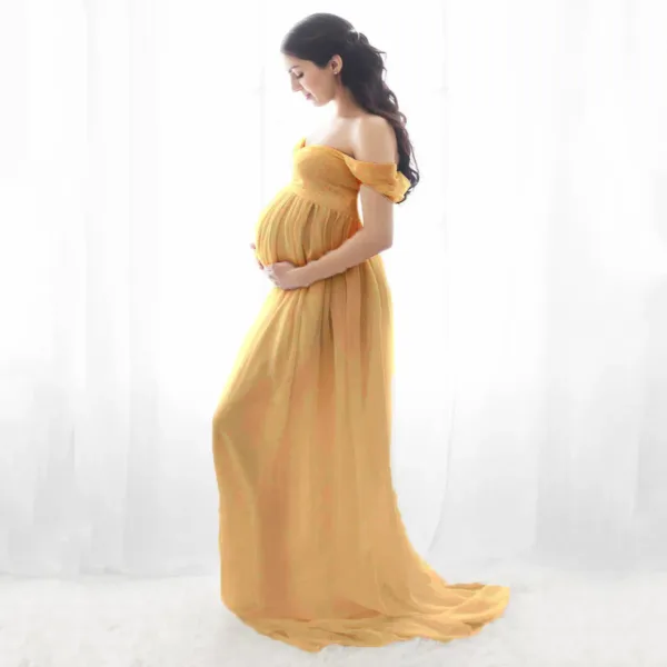Maternity Dresses for Photo Shoot Off Shoulder Short Sleeve Mesh Sheer Split Long Pregnancy Dress Women Maternity Clothes - Image 8