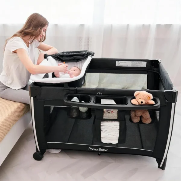 4 in 1 Portable Baby Crib Deluxe Nursery Center, Foldable Travel Playard with Bassinet, Mattress, Changing Table for Newborn, - Image 6